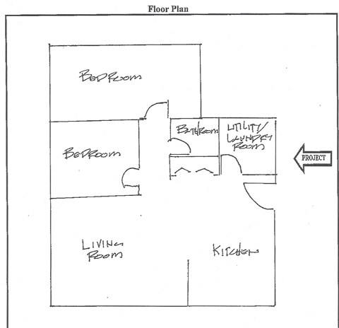 Floor plan for 2 beds, 1 bath, 843 sqft